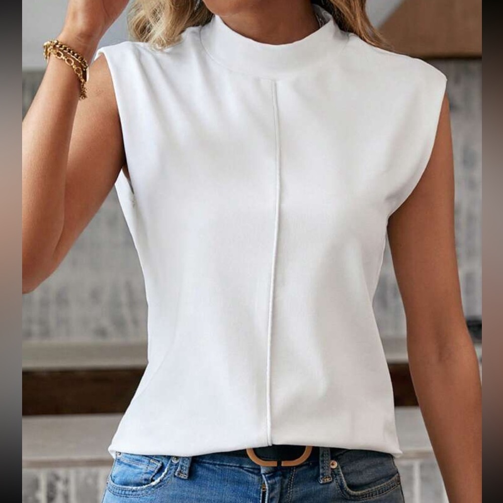 Classic Mock Cowl Neck Cap Sleeve Work Office Casual Top Blouse Shirt White